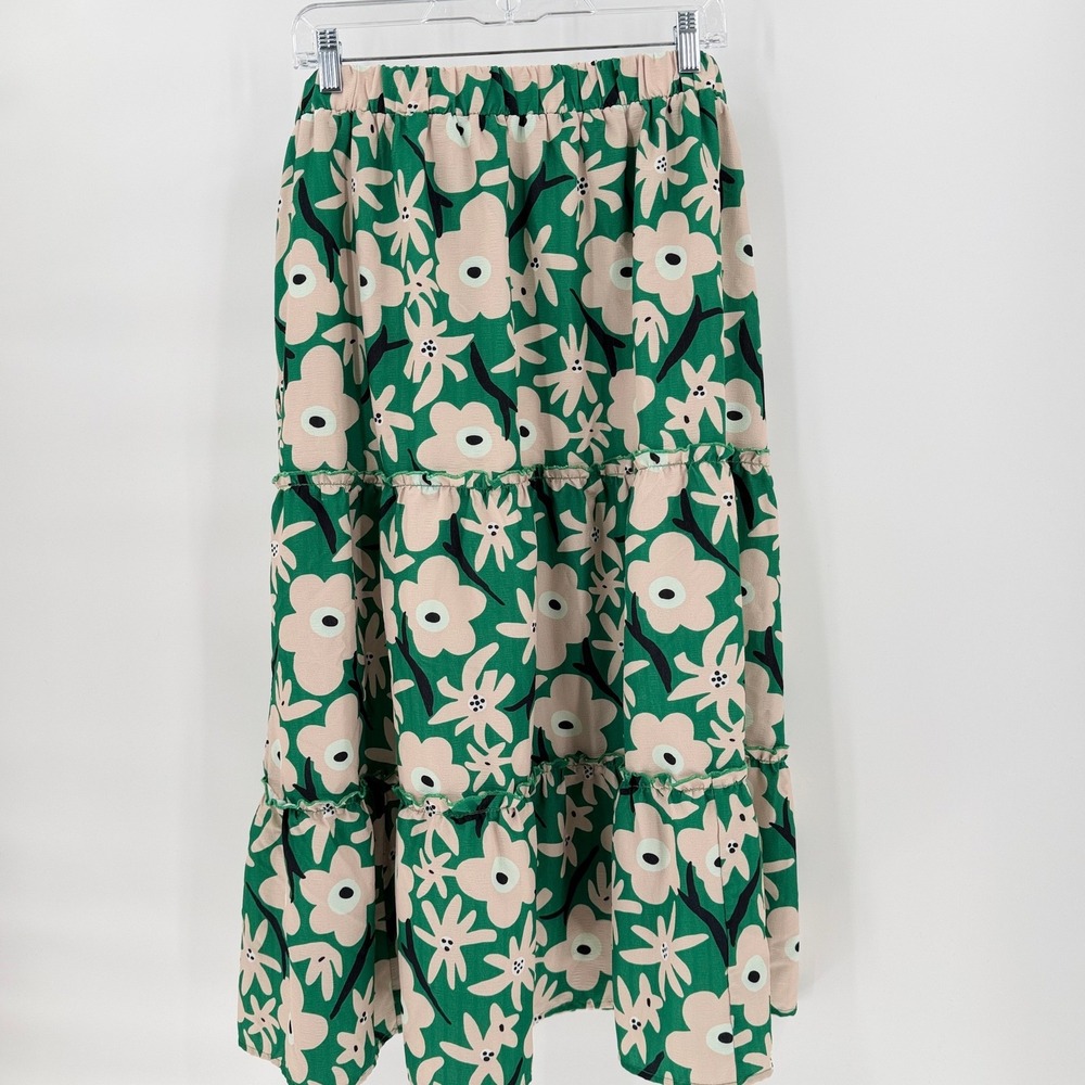POLAGRAM Green Floral Tiered Maxi Skirt Plus Size 1XL Elastic Waist Flowy Boho